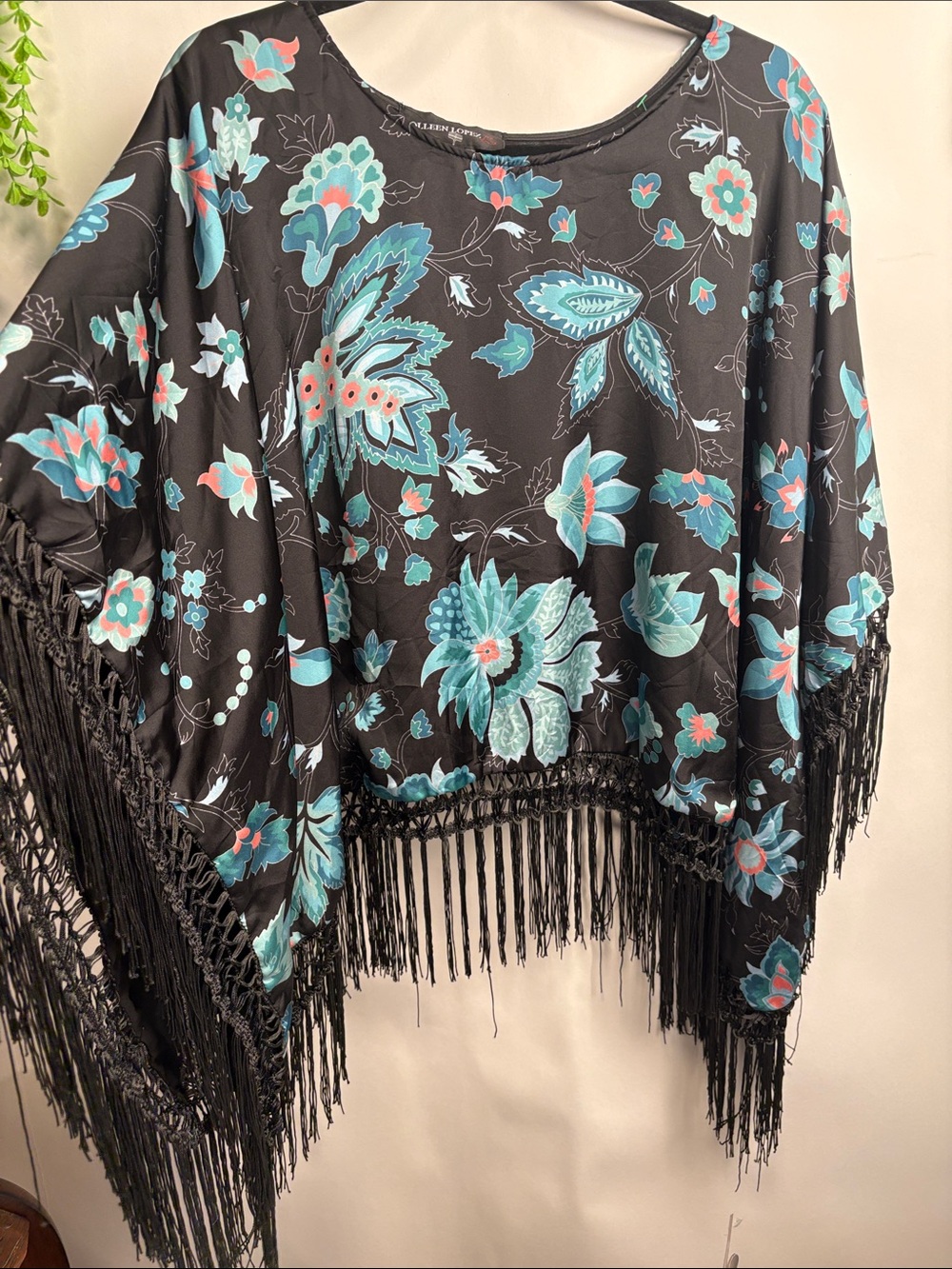 Colleen Lopez Black Top with Teal and Coral Floral Print